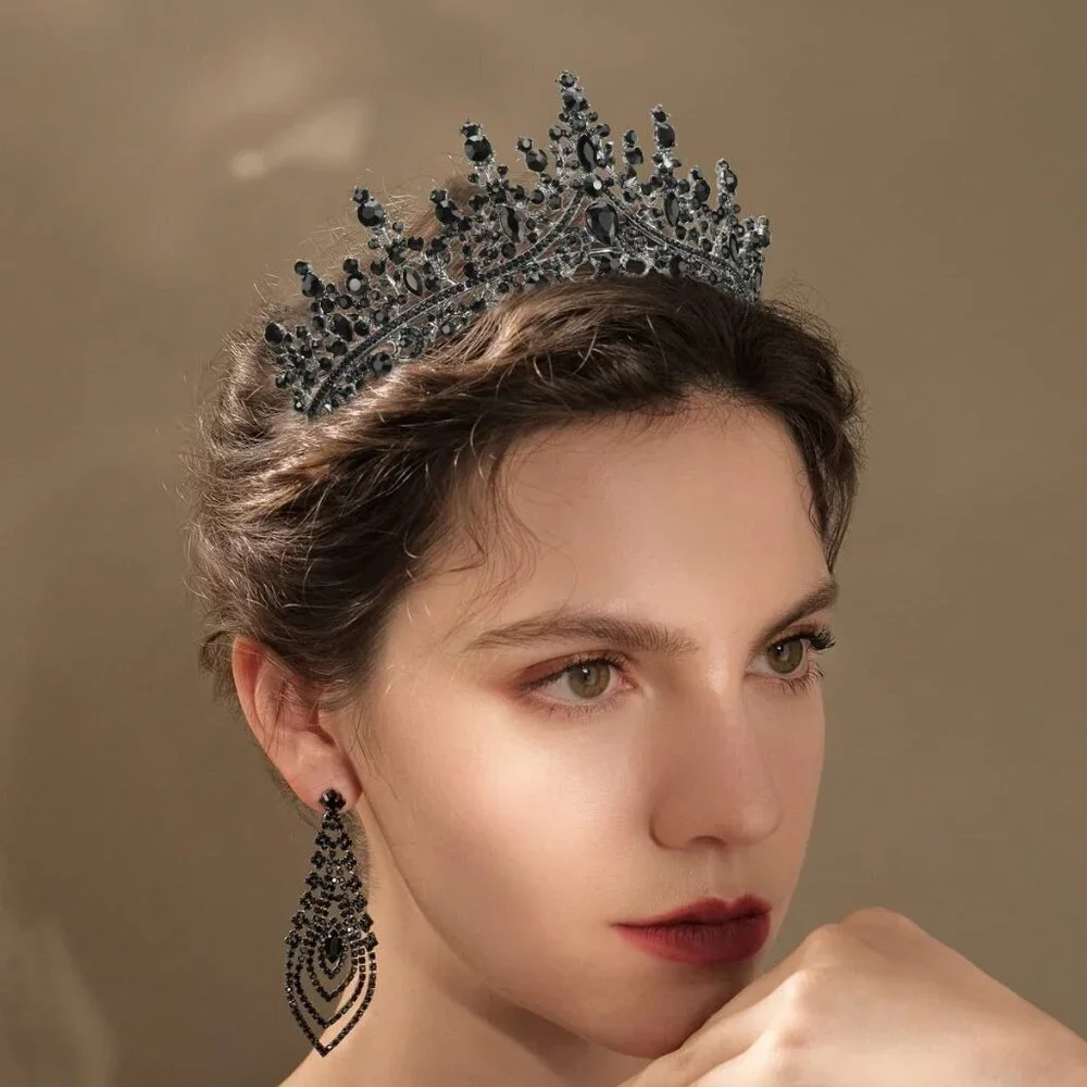 Women Black Gothic Tiara Crown Crystal Costume Prom Halloween Accessories